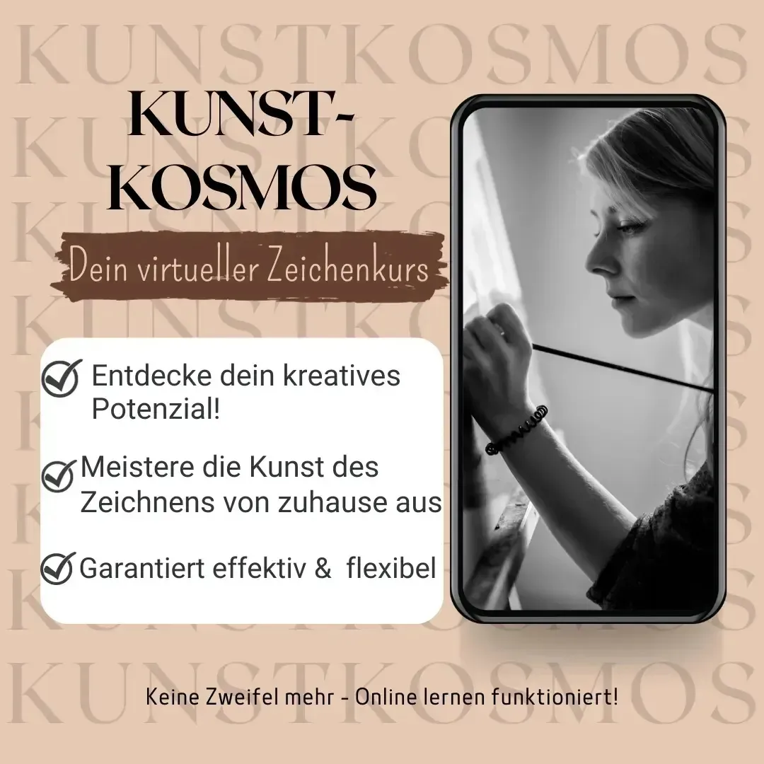 Flyer KUNST-KOSMOS, virtueller Zeichenkurs: Entdecke dein kreatives Potenzial, meistere die Kunst des Zeichnens von zuhause aus, flexibel.